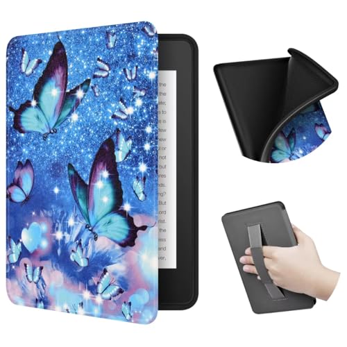 ERUNTO-fodral för Kindle Paperwhite/Signature 6,8" – Slitstarkt TPU-omslag med bekväm tygtextur, handrem på baksidan och magnetiskt lock med automatisk väck/sömn-funktion(Butterfly)