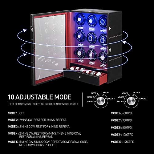 Jqueen 9 Watch Winder With Quiet Motor，6 Winding Spaces And 9 Storages With Led Illumination #TOP2