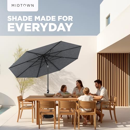Image of Midtown Umbrellas 10-Year-No-Fade - 9 Ft - UV Proof Heather Grey Polyester Fabric - Umbrella Outdoor Patio, Auto-Tilt Aluminum Frame Patio Umbrella for Garden, Pool & Deck - Black Pole
