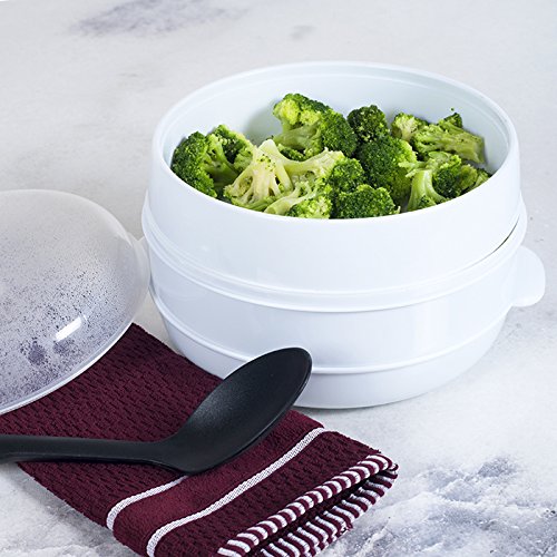 Vaporizador de verduras microondas de 2 niveles, cocina de microondas de doble capa sin BPA para comidas saludables, arroz al vapor, pescado, pasta y verduras sin aceite, cocción rápida, diseño 4