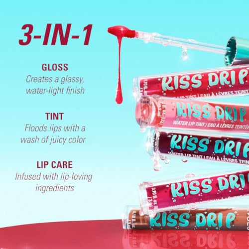 Image of Makeup Revolution Kiss Drip Water Lip Tint 3ml - Cherry Glace | Sheer Buildable Glossy Lip Tint | Hydrating Formula with Shea Butter, Vitamin E & Hyaluronic Acid | Lightweight Dewy Finish