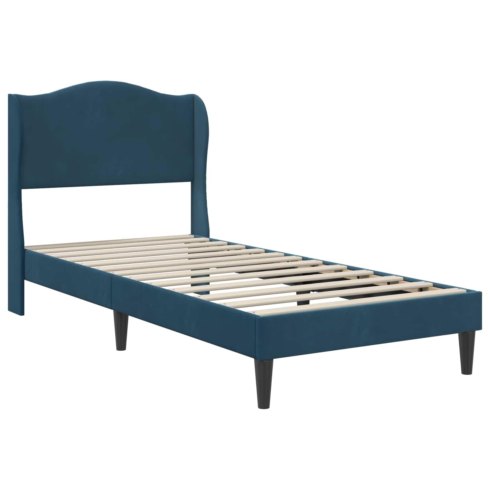 Rama de cama con cabecero azul 100 x 200 cm terciopelo moderno estructura somier fijo patas cónicas soporte 140 kg dormitorio elegante