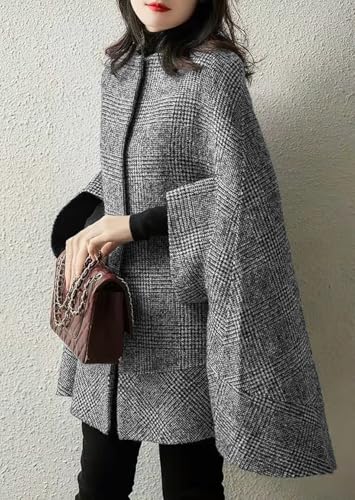chouyatou Women's Elegant Plaid Poncho Single Breasted Winter Casual Wool Blend Cape Cloak Coat2