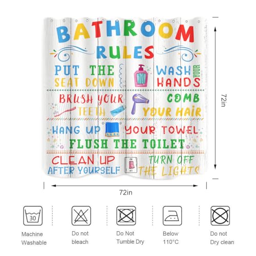 Image of Kids Bathroom Rules Shower Curtain Cute Colorful Quotes Wood Planks Words Funny Teen Boy Girl Restroom Bathtub Decor Waterproof Cloth Fabric 72Lx72W inch with 12PCS Hooks
