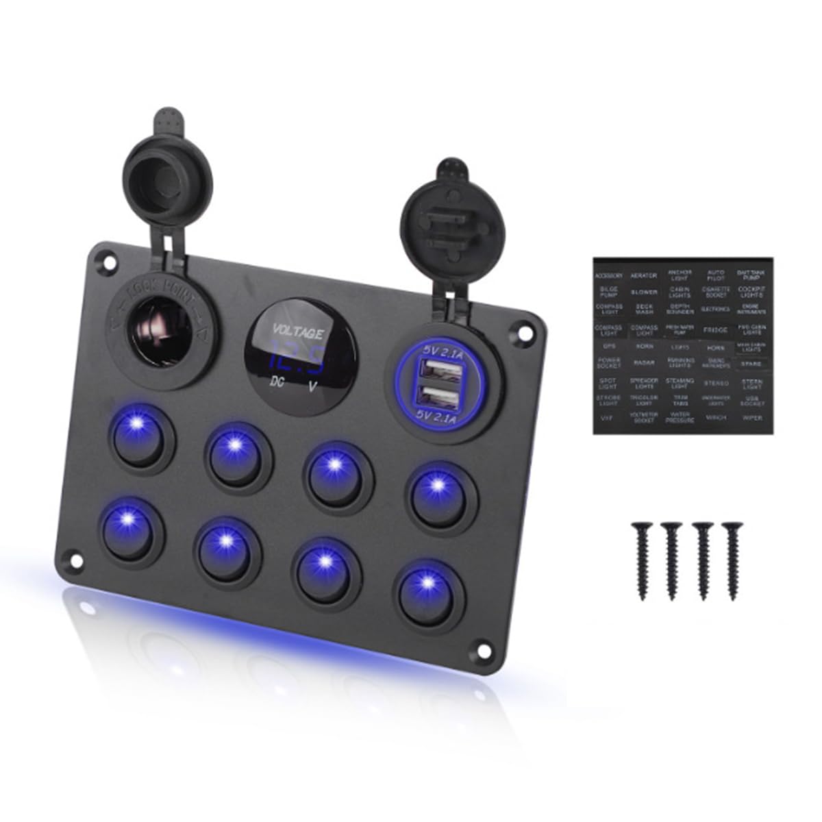 Voyoo Blue Light 8-Gang Waterproof Switch Panel – 12V/24V Universal, 4.2A Dual USB, Lighter Port, Digital Voltmeter for Marine RV Vehicles