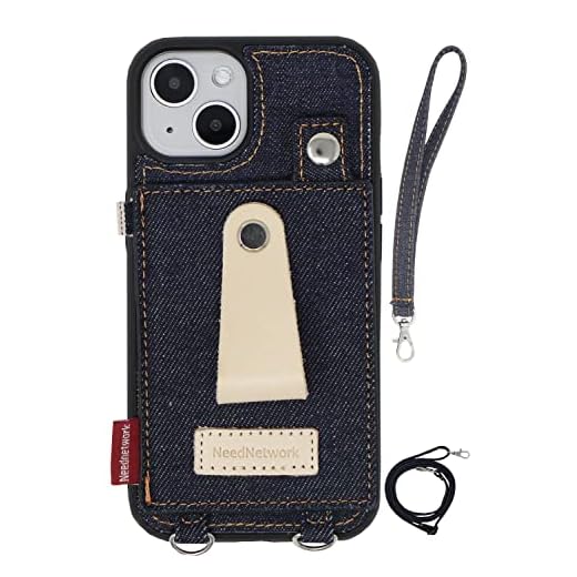 [ニードネットワーク] 日本が誇るデニム iPhone14 用 ケース 肩掛け ストラップ付き 耐衝撃 ヌメ革 リングスリム 薄型 斜めかけ 首かけ ショルダー スタンド機能 カードホルダー