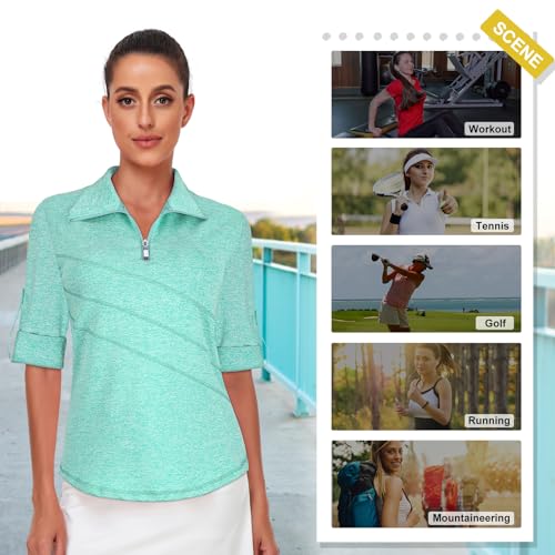 Koscacy Camisa polo feminina de golfe com manga 3/4 rolada UPF50+ Half Zip Dry Fit Workout Tops Athl