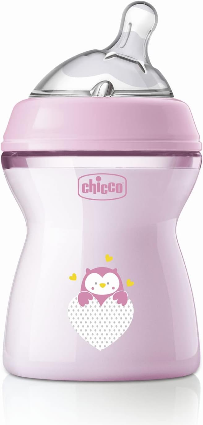 Chicco Natural Feeling Feeding Bottle for Babies, 250ml (2+ Months) |Mother Breast Like Teat| Soft Silicon, Anti-Colic Teat | Angled Teat Suitable for Newborns | with Anti-Drip Cap | BPA Free (Pink)