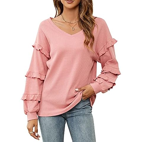 Buliezy Women's Sweatshirt Long Shirt Waffle Pullover Blouse Casual V-Neck Knitted Jumper Casual Loose Elegant Tops Tunic Tops, pink, M Cover