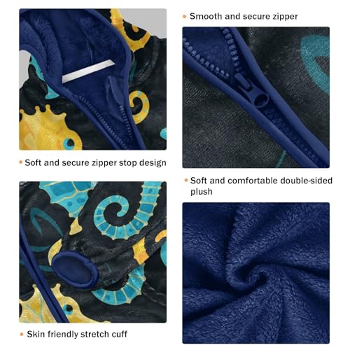 Seahorse Pattern Print Toddler Fleece Jacket Girl Boys Hooded Fleece Jacket Coat Warm Outwear Zip-up 3-10T3