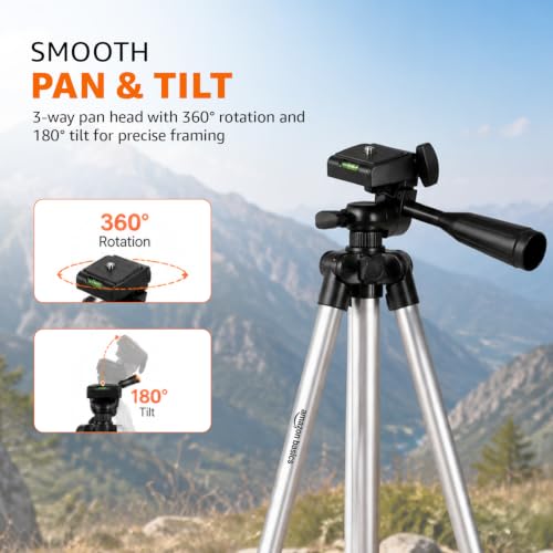 Image of Amazon Basics 55 Inch Aluminum Tripod Stand, Lightweight Adjustable with Phone Holder, 3-Way Pan Head, Bubble Level, Carry Bag, Compatible with Smartphones, GoPro, DSLR Cameras (5kg Load Capacity)