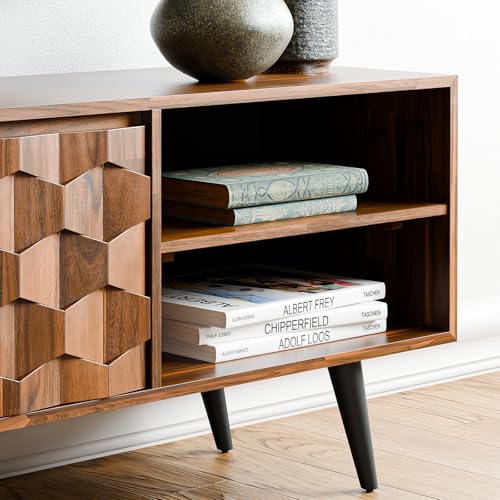 Image of Bme Georgina 65-Inch Solid Acacia Wood TV Stand, Quick Assembly Entertainment Center with Storage, Geometric Pattern Console for Living Room, Bedroom, and Dining Room, Dark Choco