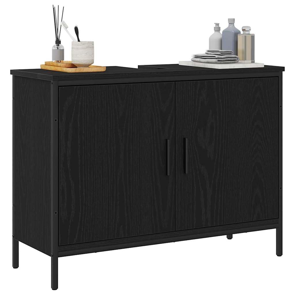 Mueble bajo lavabo de roble negro, 80 x 30 x 60 cm, material de madera con marco de acero, 2 puertas, moderno mueble de baño que ahorra espacio para pequeños baños y aseos de invitados