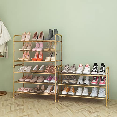 Image of Simple Trending 3-Tier Stackable Shoe Rack, Expandable & Adjustable Shoe Shelf Storage Organizer, Metal Mesh, Gold