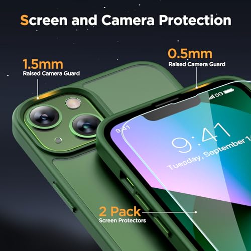 Image of Miracase Magnetic for iPhone 13 Case 6.1 inch (Compatible with MagSafe)(with 2X Screen Protectors) Military-Grade Protection, Anti-Fingerprint Translucent Matte Phone Case Cover, Dark Green