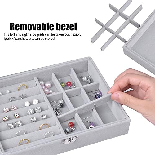 Jewellery Box Organiser 9 Grids Jewelry Storage Case, Velvet Lockable Jewellery Organiser, Removal Tray, Ring Storage Slot, Ring Jewellery Display Storage Box Tray for Rings Earrings Necklace - Grey