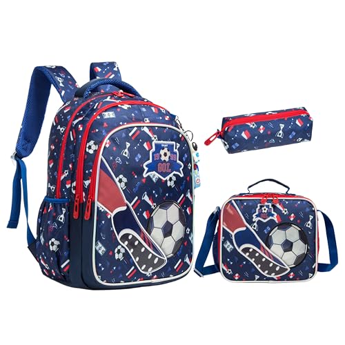 Conjunto de Mochila Escolar Infantil com Bolsa Térmica e Estojo - Ideal para Meninos e Meninas de 7 a 12 Anos (Futebol azul escuro)