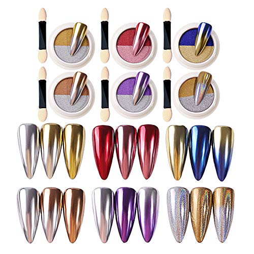 DAGEDA Two-Color Solid Mirror Nail Powder, 6 Boxes of Holographic Magic Mirror Effect Laser Colorful Neon Nail Art, Multi Chrome Manicure Pigment Nail Decoration