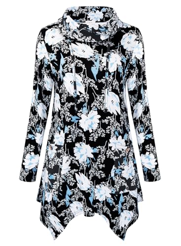 Amrto Pullover Damen Langarmshirt Bluse Elegant Langarm Rollkragen Longshirt mit Floral Muster Lange Lose Asymetrische Tunika Sweatshirt Große...