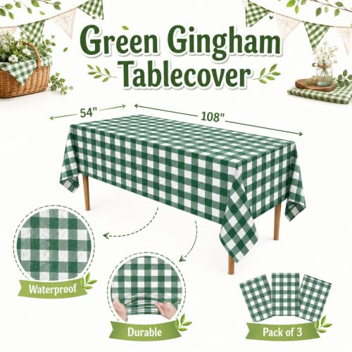 Image of Blue Orchards Green Gingham Table Cover (Pack of 3 with 20 glue dot) - 54 inchx108 inch XL - Green and White Checkered Picnic Plaid Cloth, Plastic Rectangle Decoration for BBQ, Outdoor Birthday Party Supplies