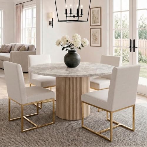 Image of HNY Modern Dining Chairs Set of 4, Upholstered Linen Dining Room Chairs with Ergonomic Back & Polished Gold Metal Frame for Home, Kitchen, Apartment, Cream