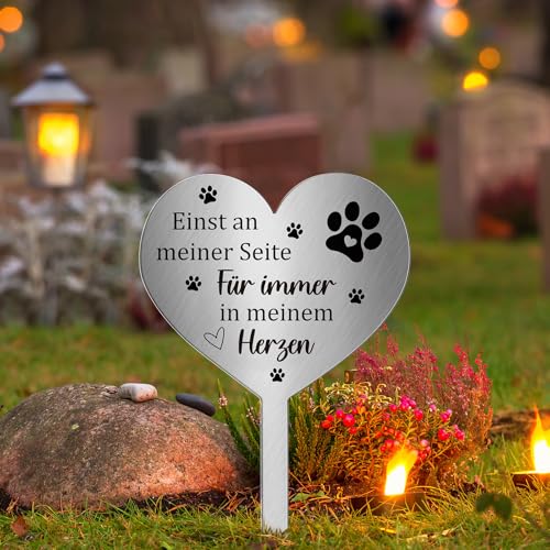 Photect Grabschmuck Wetterfest für Hund Katze Tiere Grabstecker Metall Herz mit Spruch Einst an Meiner Seite,für Immer in Meinem Herzen Grab Deko Grabstein Hund Haustier Gedenktafel Katze