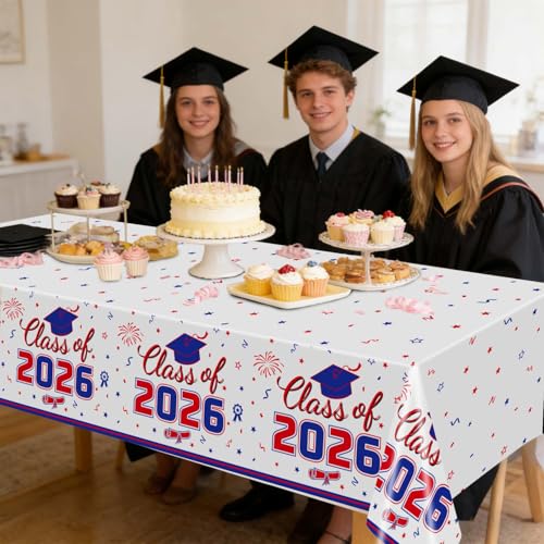 Image of Oigco 2026 Graduation Decorations, 2 Pack Red and Blue Graduation Tablecloths Class of 2026, Congrats Grad Plastic Rectangle Table Cloths for Graduation Party Decorations, 54 x 108 Inch