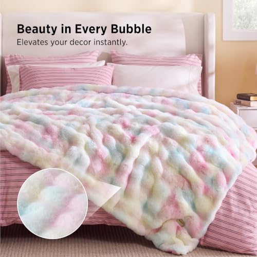 Image of Bedsure Fluffy Bubble Faux Fur King Blanket, 104 inchx90 inch, Tie-dye Rainbow