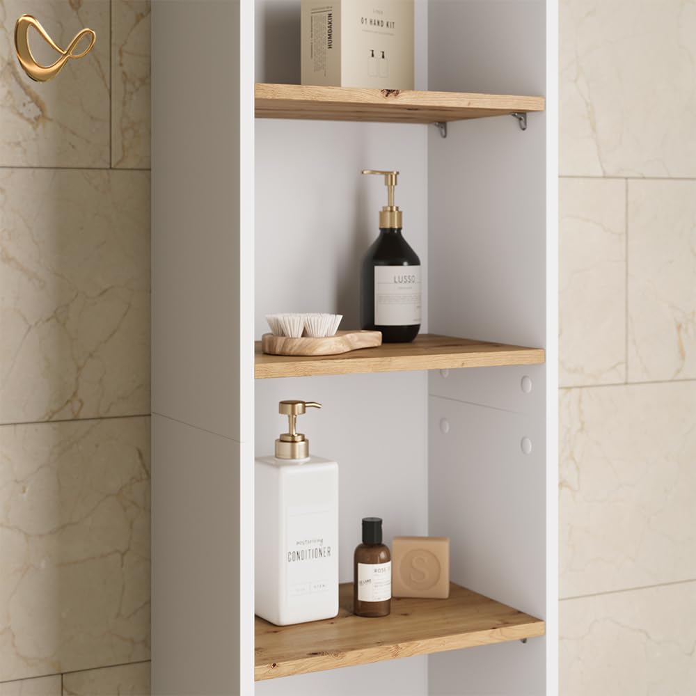Livinity Meuble Salle de Bain Paolina, Blanc/Artisan, 40.2x188.6cmEspace de Rangement supplémentaire pour Serviettes, Produits de Soins et décorations