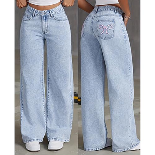 Girls Bow Jeans,Embroidered Cute Bow Baggy Y2k Barrel Low Rise Jeans Straight Wide Leg Boyfriend Denim Pants for Women2