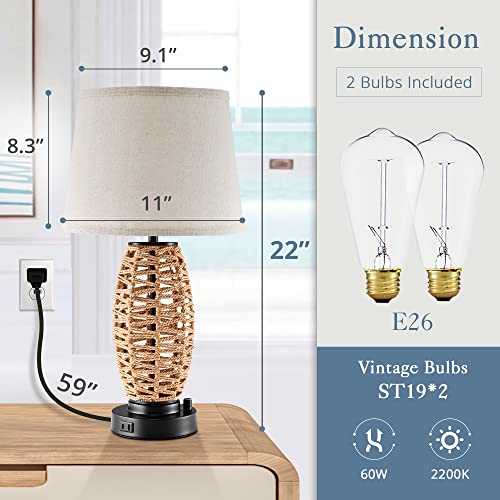 Lediary Coastal Rattan Table Lamp With Ac Outlet And 2 Usb Ports, 0-100% Dimmable Wicker Lamps For Bedrooms Set Of 2, Farmhouse Boho Lamps For Beachy Living Room, 2200K Bulbs Included #TOP5