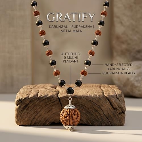 Image of Gratify Karungali Wood & Rudraksha Mala | 54 Natural Ebony Beads with 5 Mukhi Rudraksha Pendant | Silver Capped Spiritual Prayer Mala for Protection, Positivity & Meditation