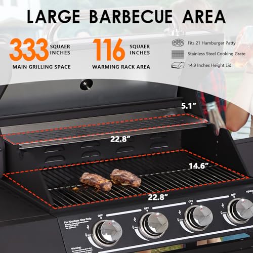 MAGIC UNION 4-Burner Propane Gas BBQ Grills with Side Burner, Cast Iron 50,000 BTU Patio Barbecue Grill with Stainless Steel Grates for Outdoor Cooking, Backyard, Garden