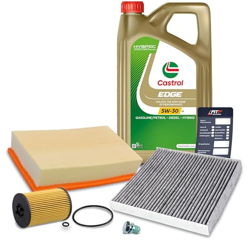 BESTPRICE Inspektionspaket Filterset mit 1x Ölfilter 1x Innenraumfilter (Aktivkohle) 1x Luftfilter 1x Ölablassschraube + Dichtring 1x Ölwechselanhänger 1x Motoröl 5W-30 EDGE TITANIUM Longlife 5 l
