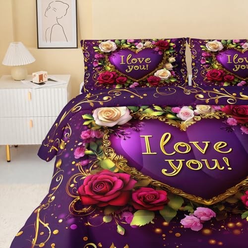Image of QOOMO 3Pcs Flower Print Comforter Set Queen Size,Cute Plants Bedding Set for Teens Boys Girls,Purple Comforter with 2 Pillowcases,Soft and Lightweight