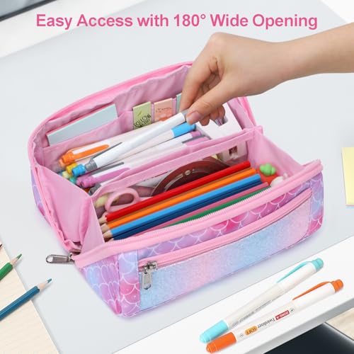 Image of Pencil Case for Girls, Durable Kids Pencil Pouch for School, Wide Opening Soft Pen Bag with Handle, Fits 50 Pens & Markers (Glitter Pink Memarid)