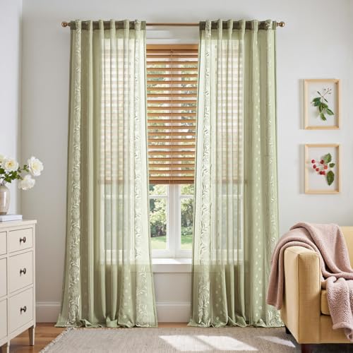 Image of jinchan Winslow Sheer Curtains 96 Inch for Bedroom Living Room Embroidered Bordered Floral Nursery Curtains for Boy's Room Light Filtering Window Treatments, Ivory on Sage, 2 Panels, 50 inch x 96 inch