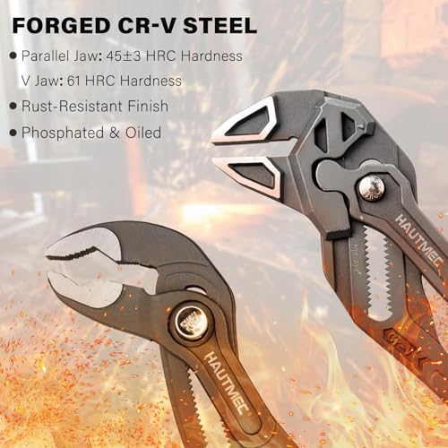 Image of HAUTMEC 2-Piece 10 Inch Adjustable Pliers Wrench & Water Pump Pliers, Parallel Smooth Jaw & V-Jaw, CR-V Steel, Fast Adjustable Tongue and Groove Joint Pliers for Plumbing, Mechanical, Home Repair