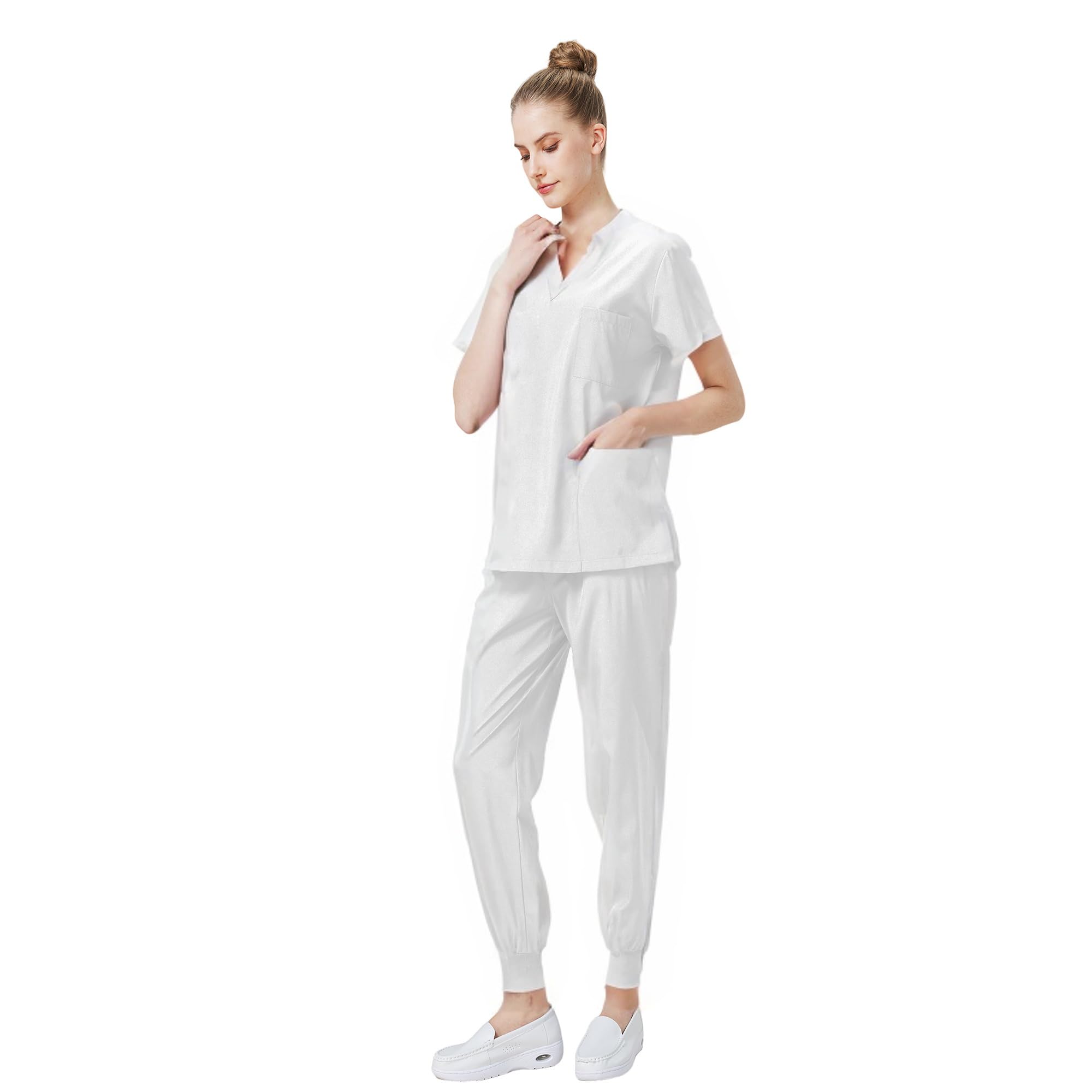 Médico Mono Cuello en V Top Corto con 3 Bolsillos Pantalones Slim Secado Rápido y Tamaños Unisex DK05