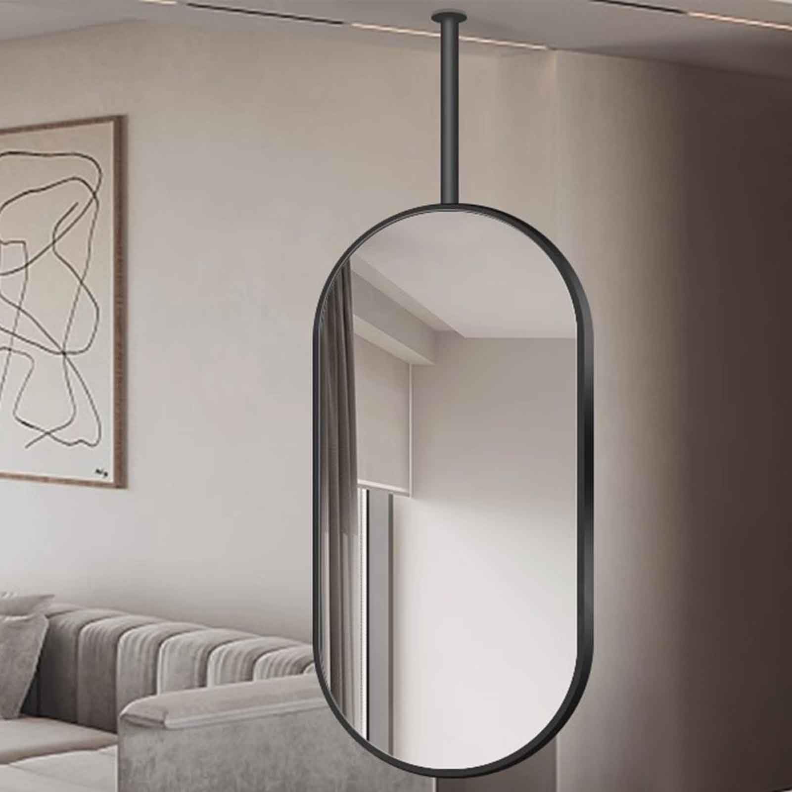 FGXHHS Black Oval Ceiling Rod Mirror, Suspended Corridor - Extremely Narrow Bezel Metals Modern Vertical Hanging Mirrors(50cmx100cm)