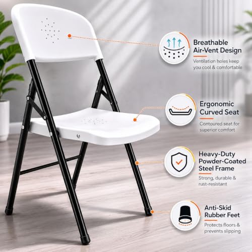Image of Folding Metal Chair for Home & Office | Heavy Duty Iron Frame | Nylon Seat & Backrest | Space Saving Foldable Chair for Study Room, Kitchen, Balcony & Restaurant | (Plastic White)