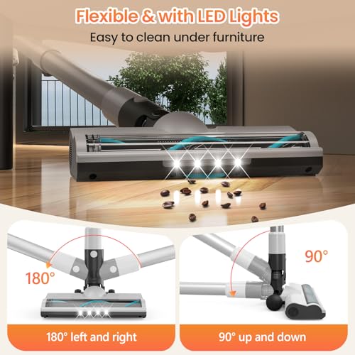 Cordless Vacuum Cleaner, 30Kpa Stick Vacuum with LED Display, Battery Powered Vacuum Up to 40 Min Runtime, Lightweight, Rechargeable Vacuum Cleaners for Home Hard Floor Carpet Pet Hair(White)