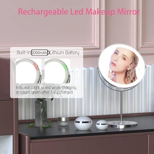 8" Lighted Makeup Mirror With Magnification, 1X/10X Magnifying Mirror With Light, Double Sided 360° Cordless Rechargeable, 3 Colors Brightness Adjustable Makeup Mirror With Lights With 52 Led(Silver) #TOP5
