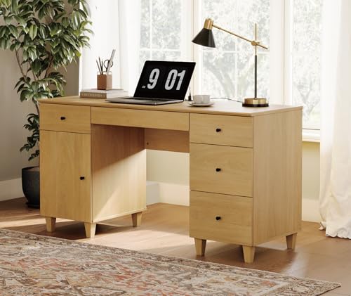 Image of WAMPAT 58 Inch Wood Desk with Drawers, Cabinet, Charging Station, Oak | Modern Executive Desk with Keyboard Storage Drawer, Home Office Large Wooden Computer Desk, Work & Study Writing Desk