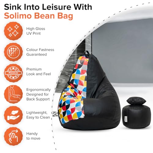Image of Amazon Brand - Solimo Premium Faux Leather Bean Bag Combo with Footrest & Cushion, Filled with Beans | Capacity: Upto 6 Ft 3 in Height, 120 KG Weight | 4XL | Geometric Print |Black