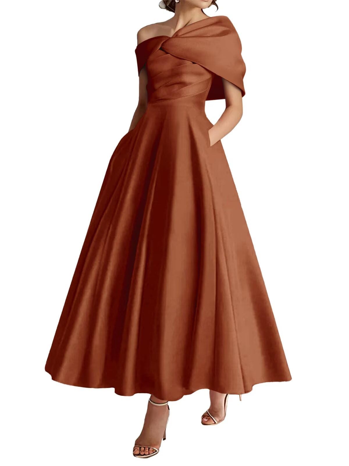Kiyne Women's Burnt Orange Tea Length Mother Of The Bride Dresses For Wedding Satin Wedding Guest Dress Floor Length Formal Party Gown Uk24