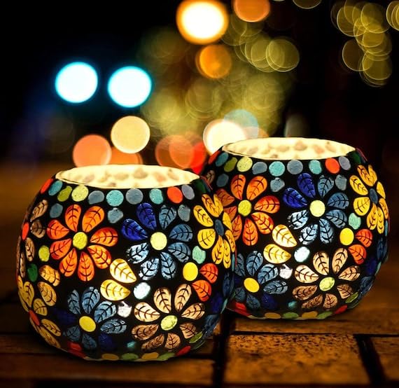 Image of Home Decor | Roli Poli Tealight Votive | Tealight Candle Holder | Mosaic Broken Glass Tea Light Votive - Assorted Multicolored (Set of Two)