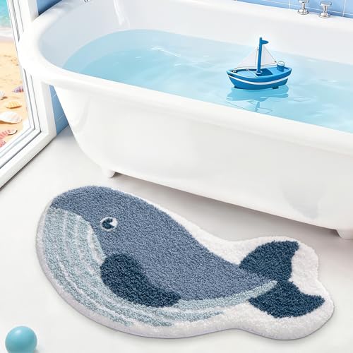 Image of LUMI Cute Animal Bathroom Rugs, Plush Absorbent Bath Mats for Bathroom, Non-Slip Backing Washable Bath Mat, Ideal for Shower Sink Bathtub Room Decor, 20"x35", Deep Whale