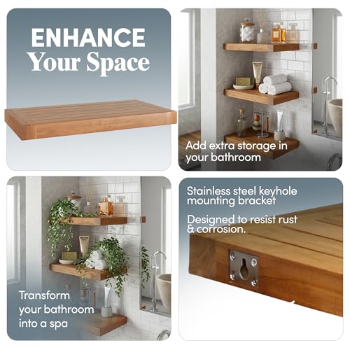 Image of AquaTeak Moa 18 inch Teak Floating Shelf, Wall Mounted, Holds Up to 10 lbs