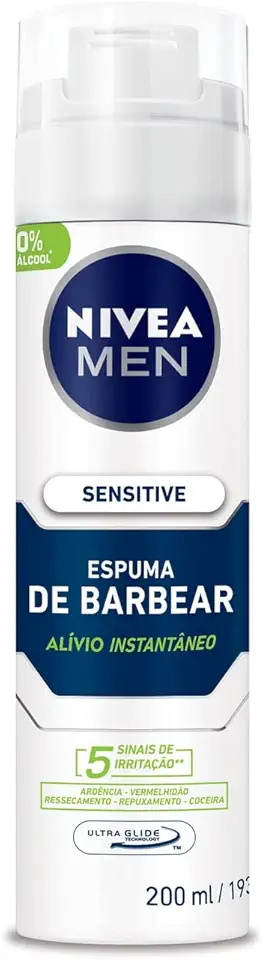 NIVEA MEN Espuma de Barbear Sensitive - Para peles sensíveis, alivia vermelhidão, com extrato de camomila e vitamina E, deslizamento suave da lâmina, reduz irritações, textura em espuma - 200ml